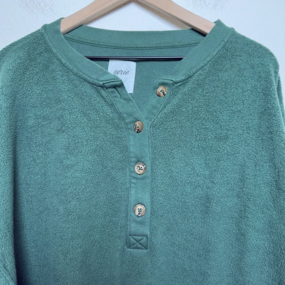 Aerie Women‎ Sherpa Henley Sweater XL Oversized Fleece Sweatshirt Green Lounge